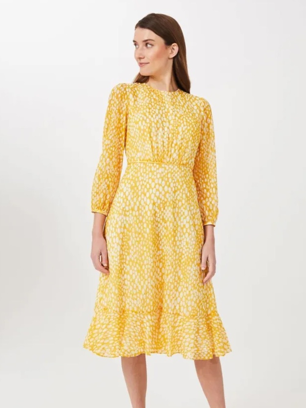 NWT HOBBS Sz 6 Lexi Yellow Jacquard Long Sleeves Feminine Flowy Midi Dress